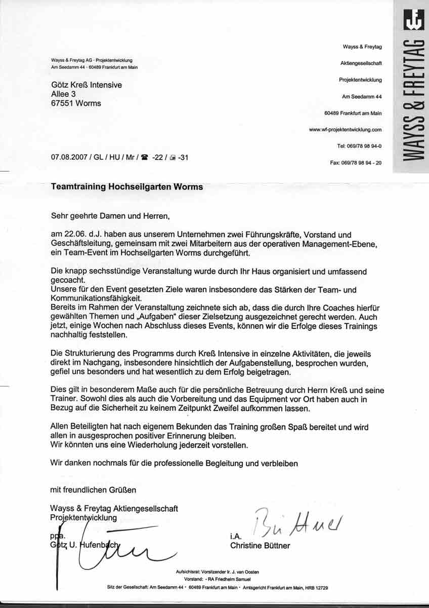 Wayss & Freytag Frankfurt – Teamtraining Hochseilgarten Worms, nachhaltige Wirkung, Kommunikation stärken