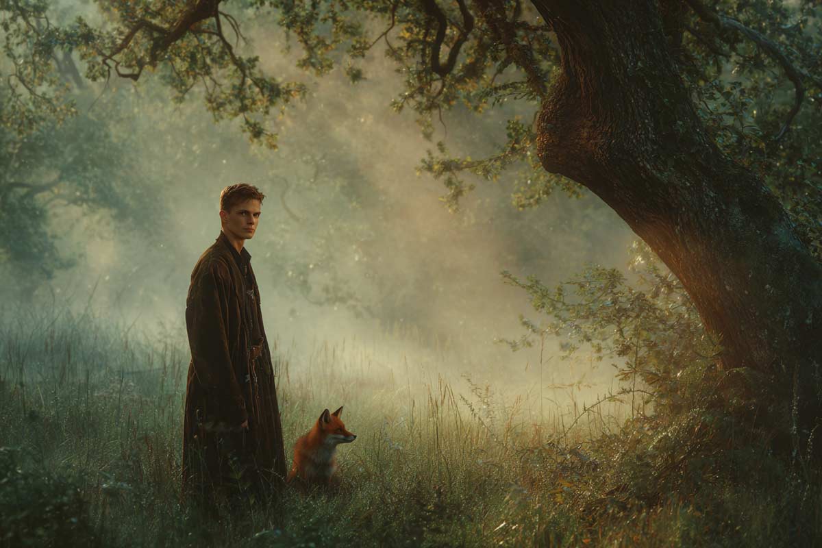 Junger Mann mit Fuchs im nebligen Wald symbolisiert die Merlin-Kraft der verfeinerten Sinneswahrnehmung und das Wahrnehmen des Unsichtbaren bei hochsensiblen Menschen