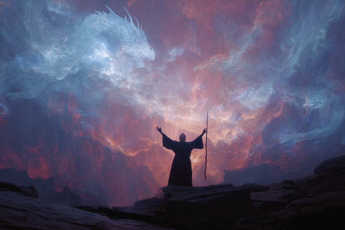 Merlin auf dem Drachenberg mit ausgebreiteten Armen vor Drachenwolken symbolisiert die vollendete Heldenreise und aktivierte Vision hochsensibler Menschen