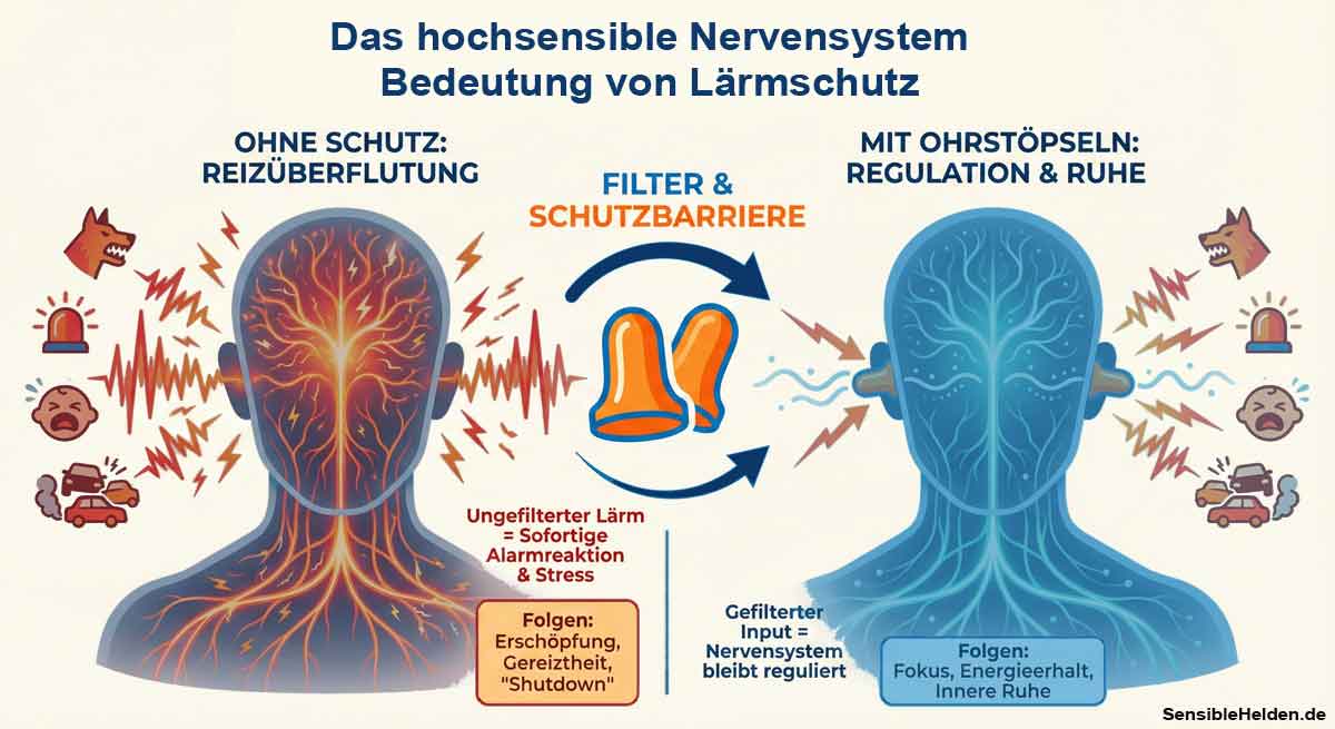 Infografik: Wie Ohrstöpsel das hochsensible Nervensystem vor Reizüberflutung schützen Infografik Vergleich: Hochsensibles Nervensystem bei Lärmbelastung ohne und mit Ohrstöpsel. Links zeigt ungefilterten Lärm, der zu Reizüberflutung und Stress führt (rot). Rechts wirken Ohrstöpsel als Filter, das Nervensystem bleibt reguliert und entspannt (blau).