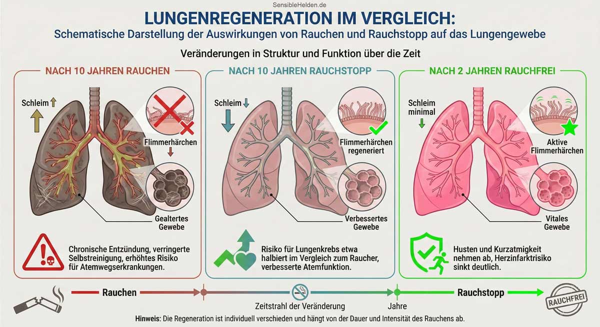 Infografik Zeitstrahl: Ablauf der Lungenregeneration nach dem Rauchstopp. Gezeigt werden die körperlichen Erholungsphasen von 20 Minuten bis zu 15 Jahren nach der letzten Zigarette.