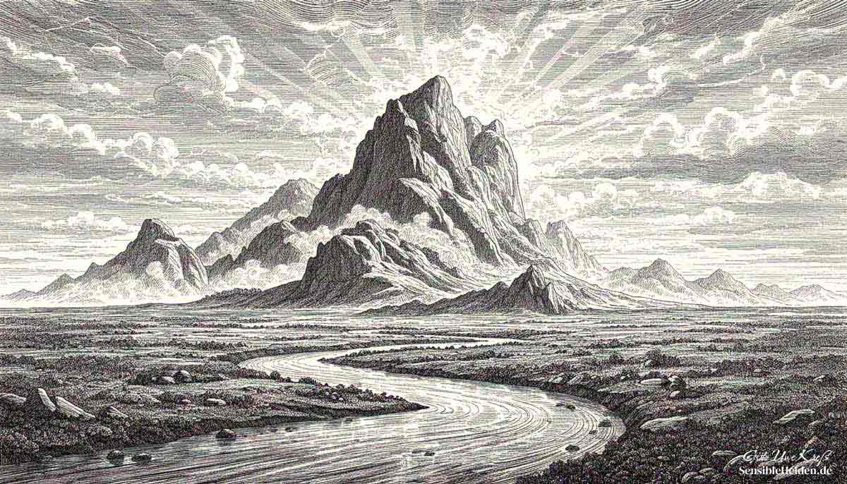Ein gewundener Weg führt durch eine weite Landschaft auf einen majestätischen Berg zu, hinter dem Sonnenstrahlen hervorbrechen — Kupferstich-Illustration von SensibleHelden.de