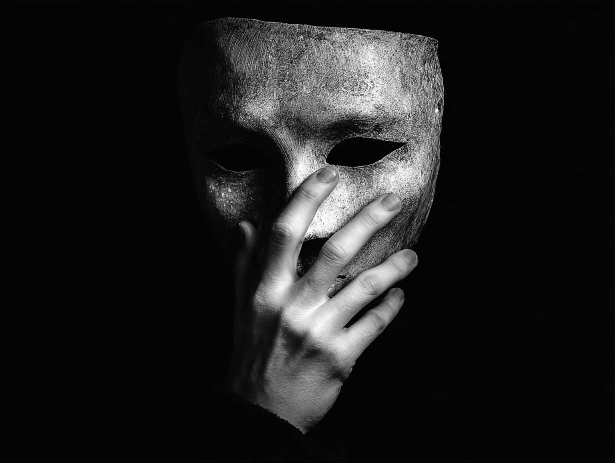 Die Last der Maske Kontrastreiche Schwarz-Weiß-Fotografie einer Maske und einer Hand – versinnbildlicht die kognitive Steuer (Covering) und die Last der Unfehlbarkeit.